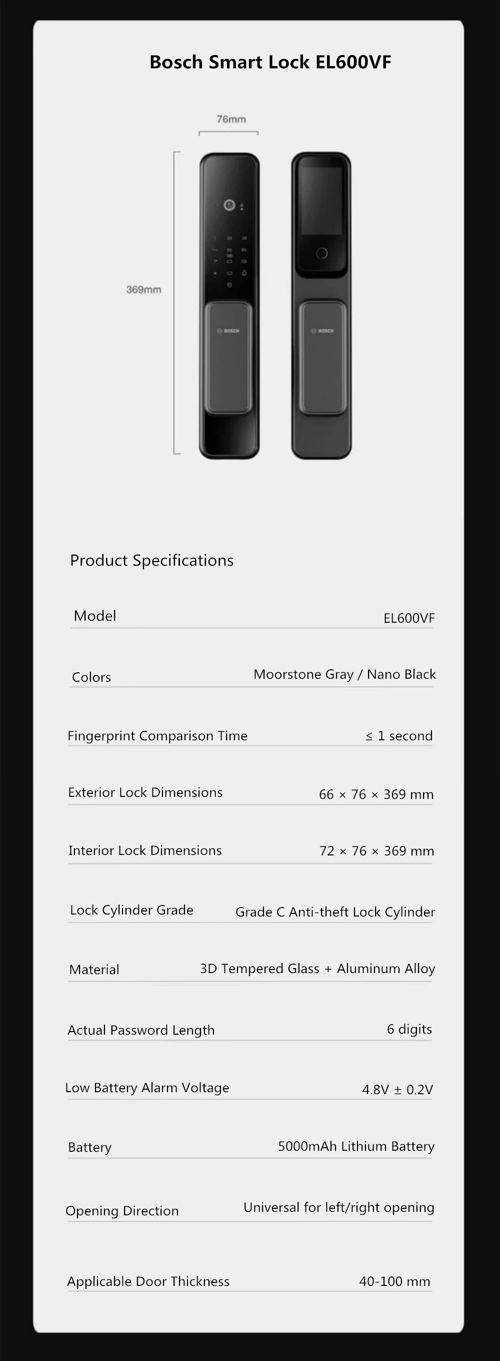 Bosch EL600VF Smart Lock 3D Face Recognition Fingerprint Password Security Electronic Lock for Entrance Doors Anti-Theft Door