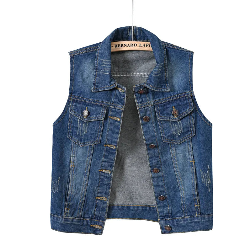 Denim Vest Women Short 2025 Spring New Hooded Big Pocket Sleeveless Jacket All-Match Slim Top Cardigan S-XXXXL Black Vest