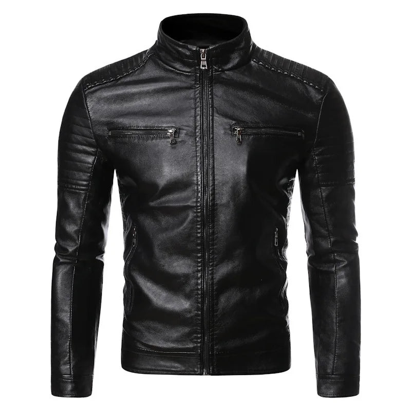 Winter Stand Collar Zip-Up Pocket PU Leather Jacket Men's Slim Business Casual