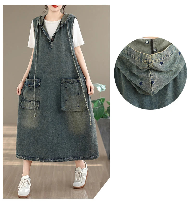 Original Denim Suspender Dres for Women Summer Fashion Vintage Big Pocket Mid-long Frocks Female Hip Hop Baggy Streetwear
