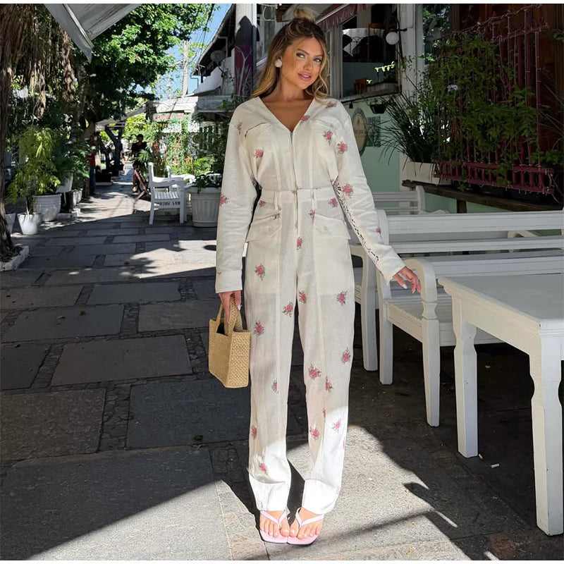 Elegant Print Women's Jumpsuits Fashion Long Sleeve V-neck Zippers Female Overalls 2026 Summer Autumn All-match Lady Outfit