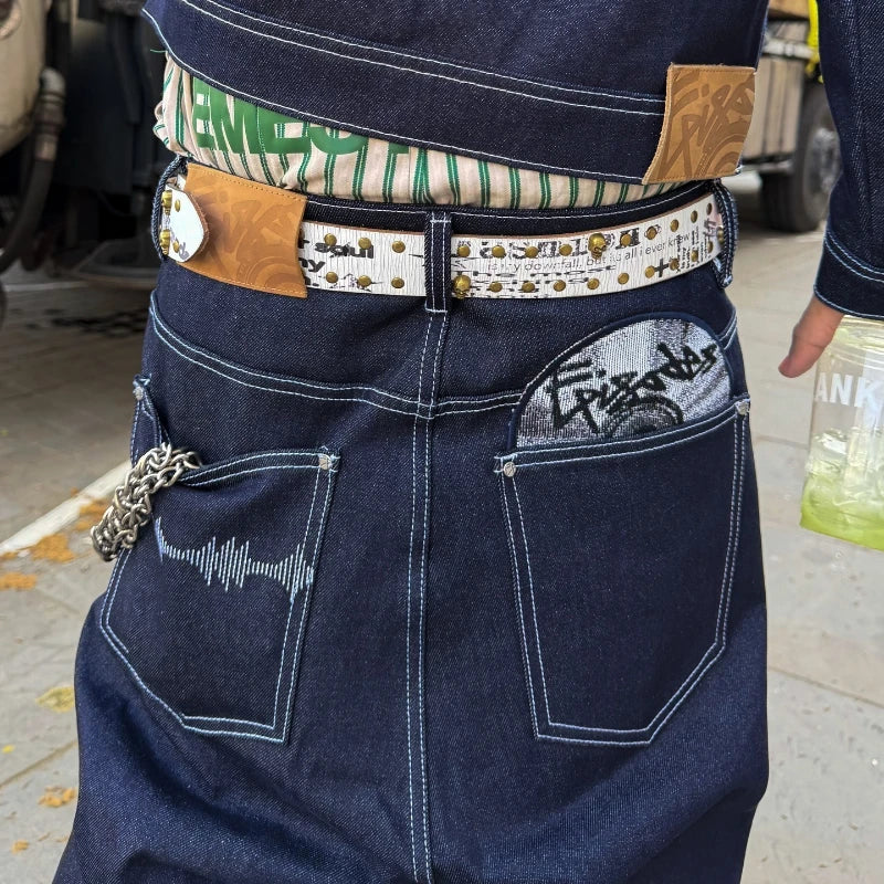 Y2K HipHop Chic Denim Jeans Trendy Disc Embroidered Pattern Retro Straight Leg Pants Casual Simple Streetwear Unisex Baggy Jeans