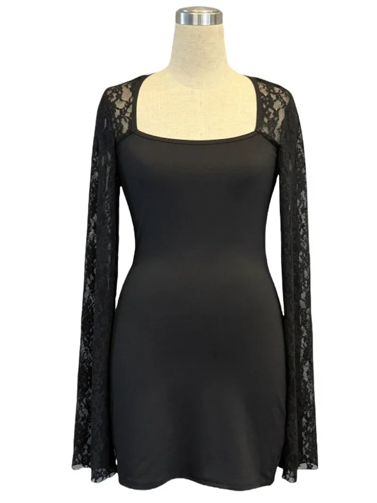 Women's Sexy Solid Color Square Neck Flare Sleeve Lace Spliced Skinny Mini Dress