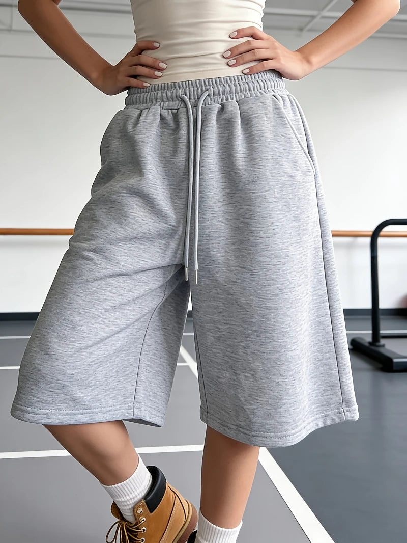 Women's Casual Sports Shorts, Elastic Waist, Wide Leg, Straight Leg, Five-Point Shorts, Loose Fit, Drawstring  short pants women