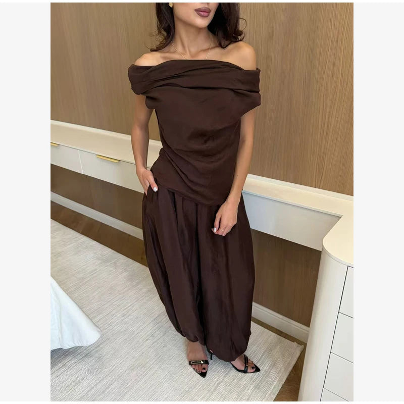 Solid One Shoulder Top Lantern Pants Set Women Chic Cotton Linen T-shirt Wide-leg Pants Suit Elegant Lady Summer Daily Outfits