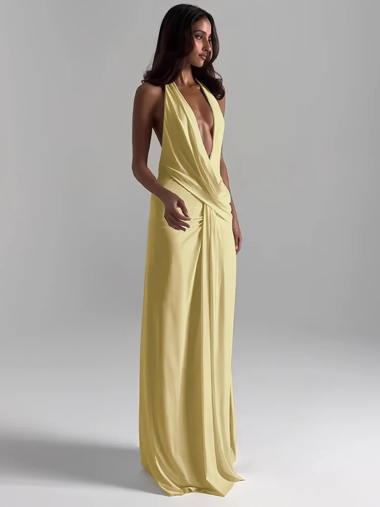 Cutenew Party Simple Women Maxi Dresses Solid Trend Halter Cross Swinging Neck Backless V-neck High Split Bodycon Mujer Vestidos
