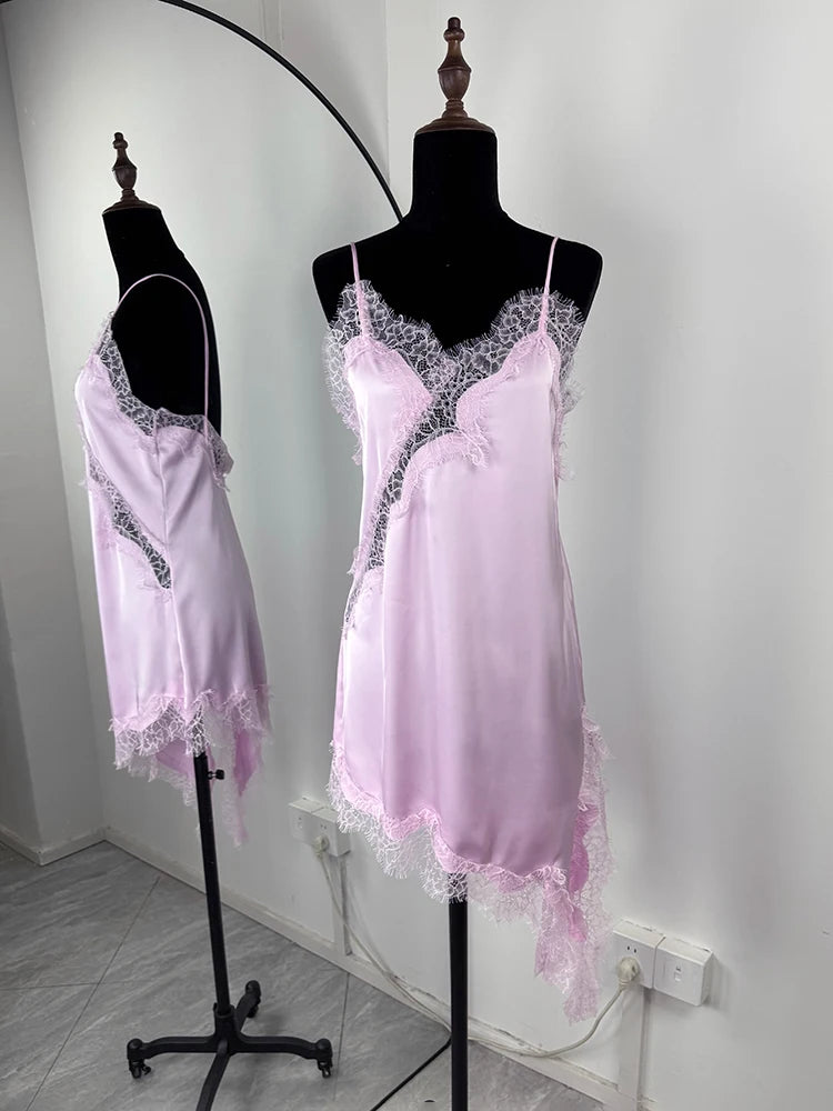 Tuularose Women's Lace Spaghetti Strap Dress Sexy Sleeveless Lace Patchwork Asymmetrical Dress Summer Party Looks Elegant Dress