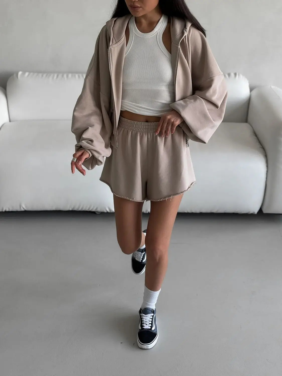 Women's Outfit Long-Sleeve Hooded Drawstring Sweatshirt Shorts Set Two-Piece Sets Sports Suit Sportswear Streetwear Trendy