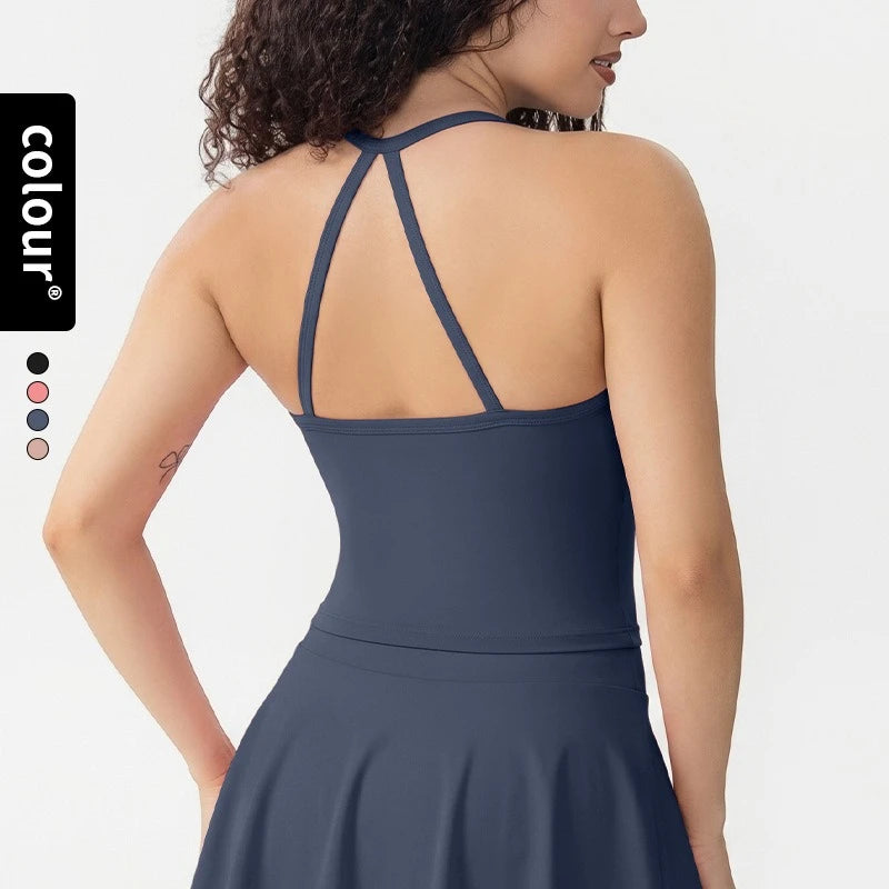 Halter Thin Strap Women Sports Bra Integrated Fixed Cup Cross Back Shockproof Quick Dry Push Up Naked Feeling Yoga Gym Vest