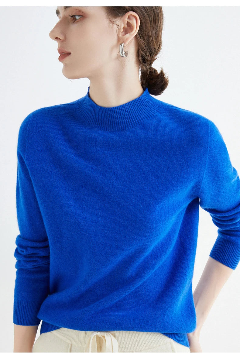 First-Line Seamless Women's Half-Turtleneck 100% Pure Wool Sweater Solid Color Long Sleeve Pullover Knitted Bottoming Sweater