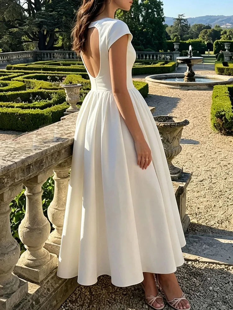Temperament O-Neck High Waist Banquet Evening Dress Elegant Backless Slim A-Line Dress Trendy Solid Short Sleeved Splice Dress
