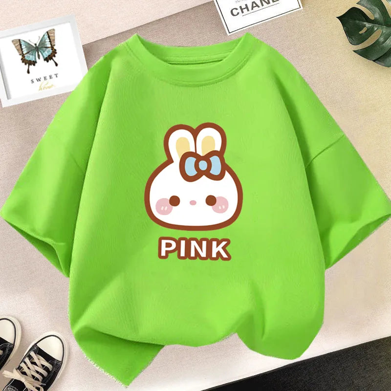 Girl Cute Rabbit Graphic Tshirt Short Sleeve Cotton T-Shirts For Baby Girl Cute Pink Color T-Shirts Children Summer Clothing