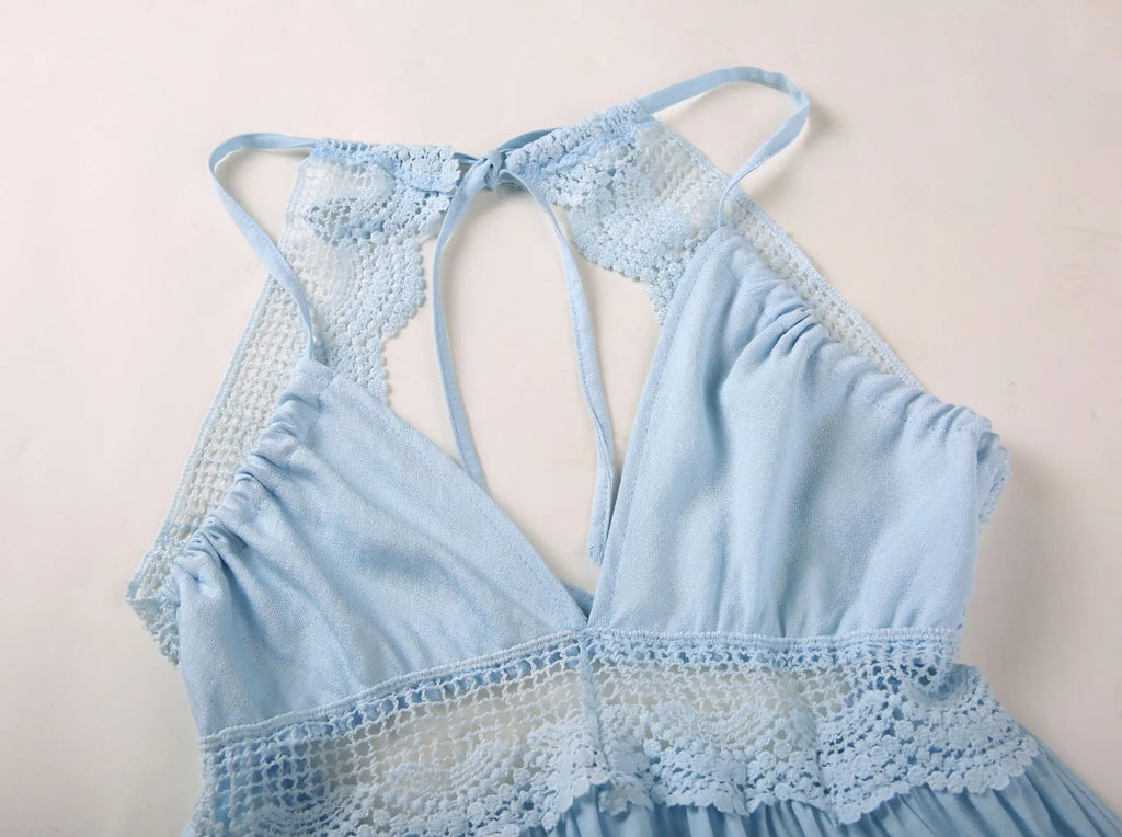Women's Sexy Backless Lace Spliced Dress Summer V neck Mini Dresses Ladies Fashion Clothes Elegant Evening Dress Drop Shipping