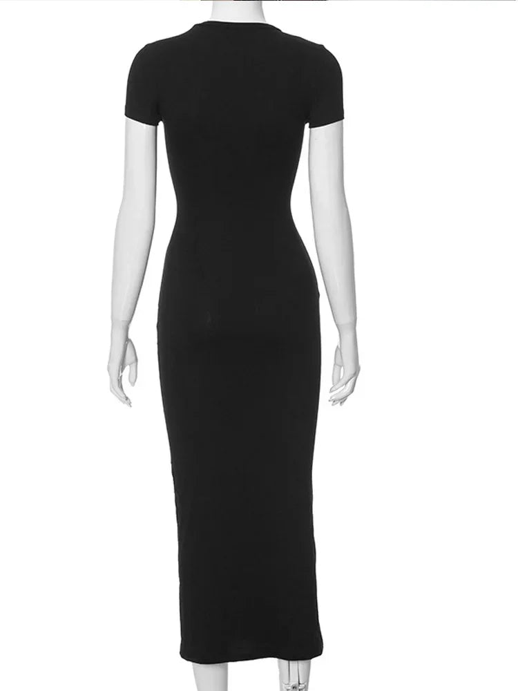 2026 Summer New Chic Slim Chic Short Sleeve Dress for Women O Neck Long Dresses Office Lady Casual Solid Color Dresses Robe