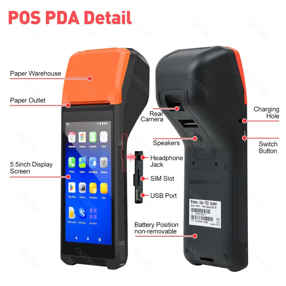 New 4G Android 13 POS PDA Terminal 1D 2D Barcode Scanner Reader Built-in Thermal Receipt Bill Printer Handheld Wifi NFC Loyverse