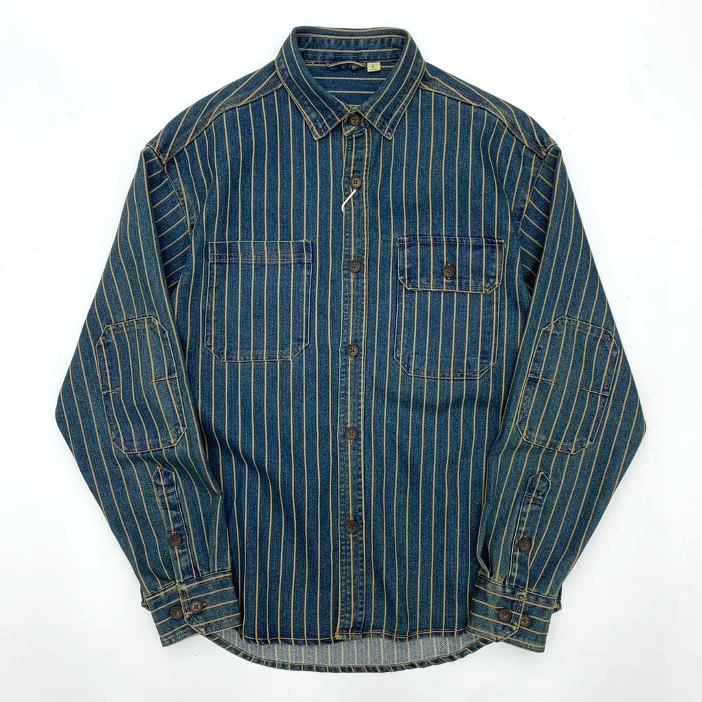 2025 Autumn New American Retro Heavyweight Striped Denim Shirt Jacket Men's 100% Cotton Washed Old Fashion Loose Casual Coat