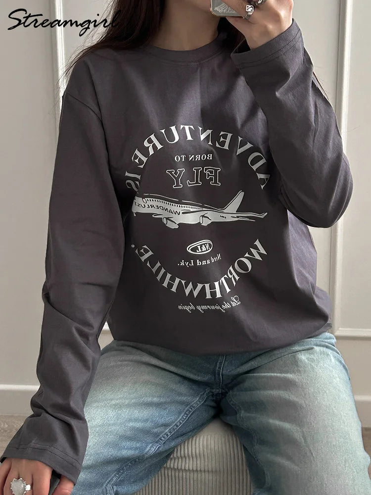 Streamgirl Cotton Long Sleeve T-shirt For Women Spring Tops Graphic Tees Oversized Casual Light Yellow Tshirts Ladies Basic Tops