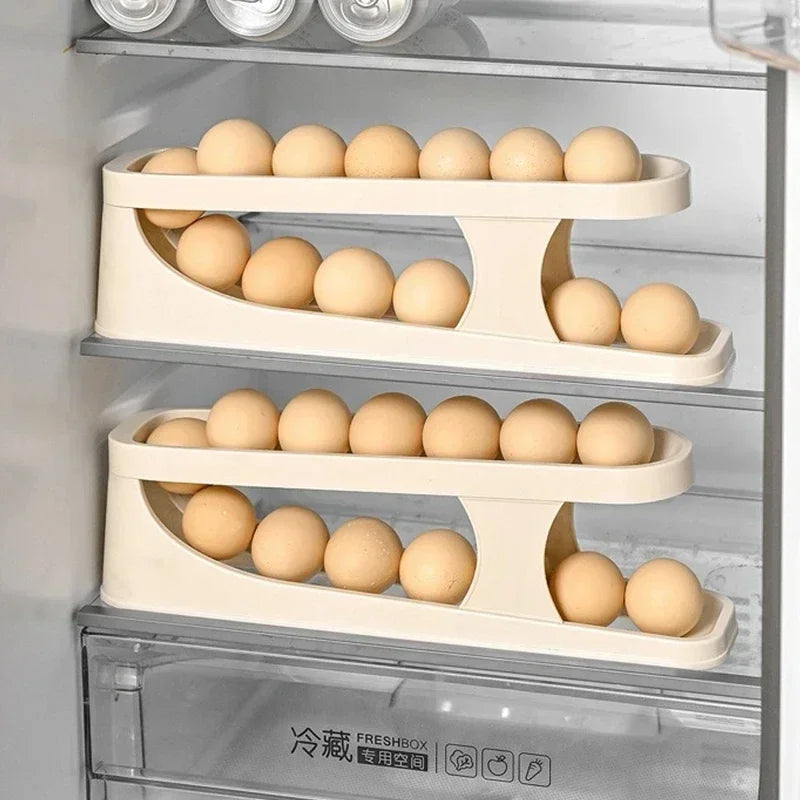 Double Layers Egg Storage Box Refrigerator Automatic Rolling Slide Egg Rack Refrigerator Side Door Freshness Box Kitchen Storage