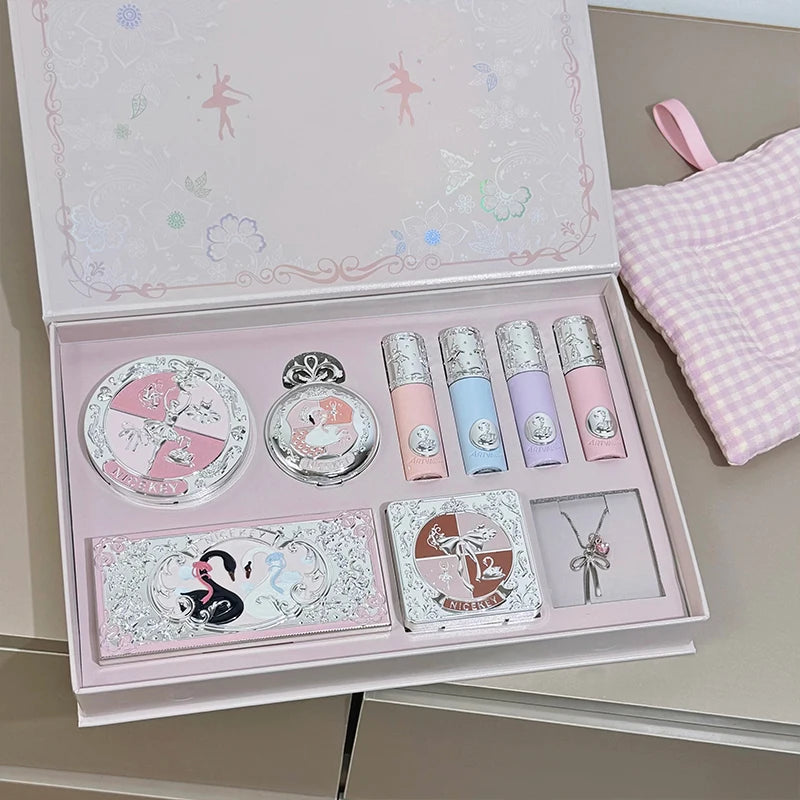 NICEKEY Face Makeup Sets Include 4 Lipgloss,1 Blush,1 Pressed Powder,1 Eyesshadow Palette,1 Contour Palette With Necklace Gift