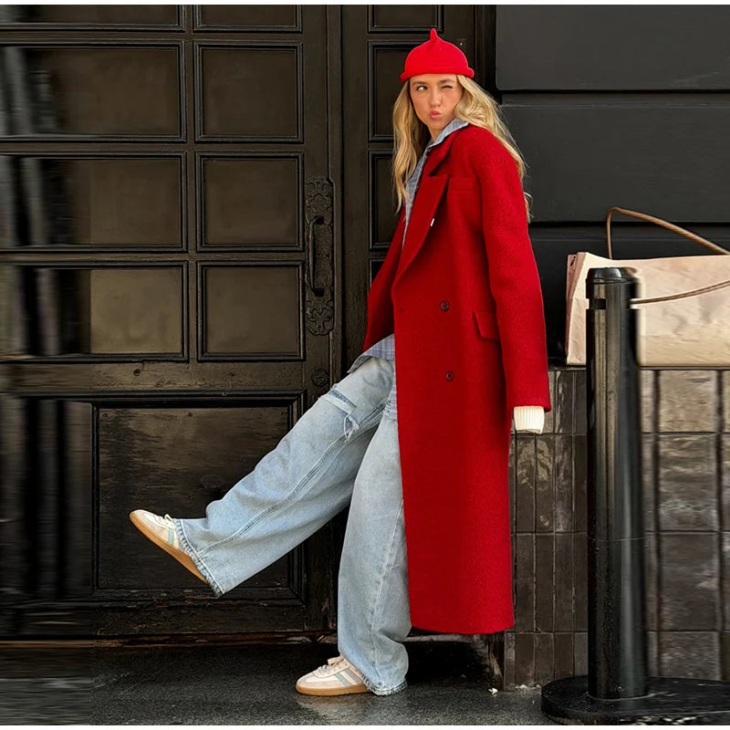 Elegant Women's Woolen Overcoat Solid Lapel Double Breasted Full Sleeve Long Coat 2026 Autumn Winter Fashion Lady Outwear