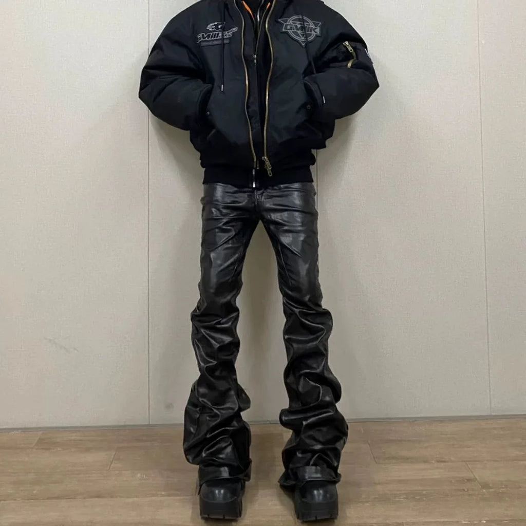2025 Coated Shiny Hip Hop Punk Stacked Jeans Man Patent Leather Vintage Wide Leg Straight Flared Jeans