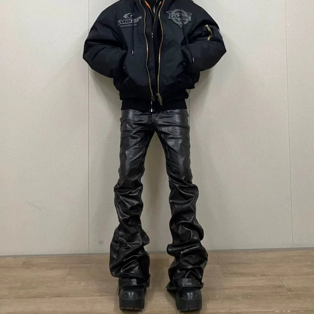 2025 Coated Shiny Hip Hop Punk Stacked Jeans Man Patent Leather Vintage Wide Leg Straight Flared Jeans