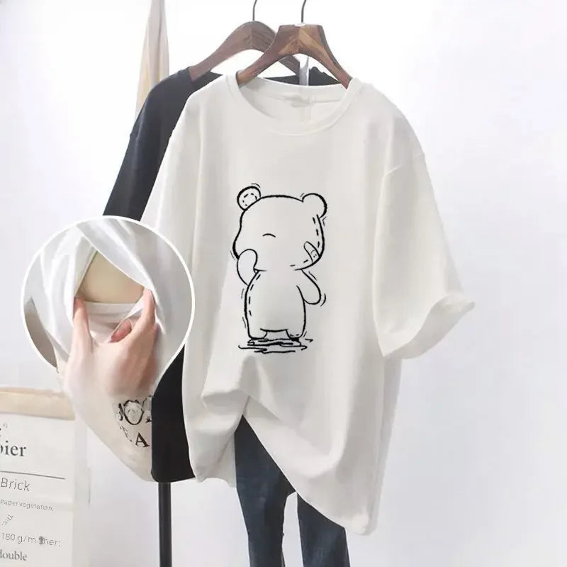 Fashionable Breastfeeding Top Short Sleeve Crew Neck T-shirt Versatile Summer Outdoor Wear For Mothers Simple Top For Feeding