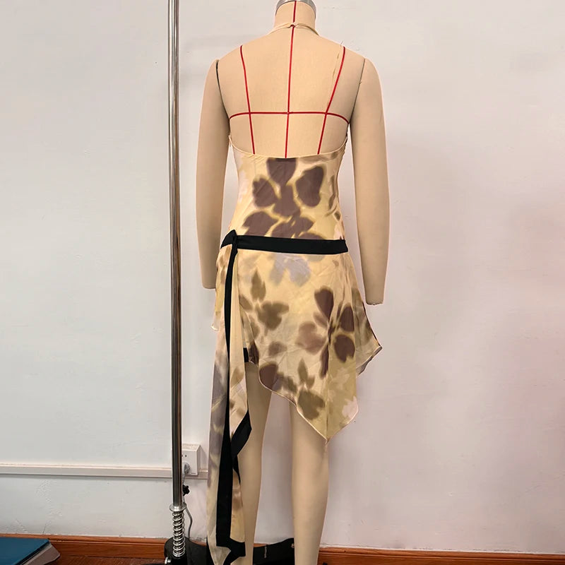 Yellow Brown Tie-Dye Midi Dress Print Halter Neck Open Back Asymmetric Hem Chiffon Dresses 2026 Party Women Fashion Chic Outfit