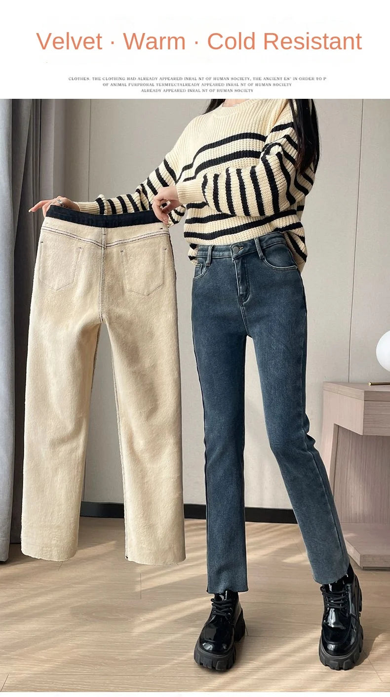 Womens Jeans Fleece Lined Thickened Winter Warm Straight Leg Loose Fit High Waist Slimming Trousers Y2k Clothes Y2k Jeans
