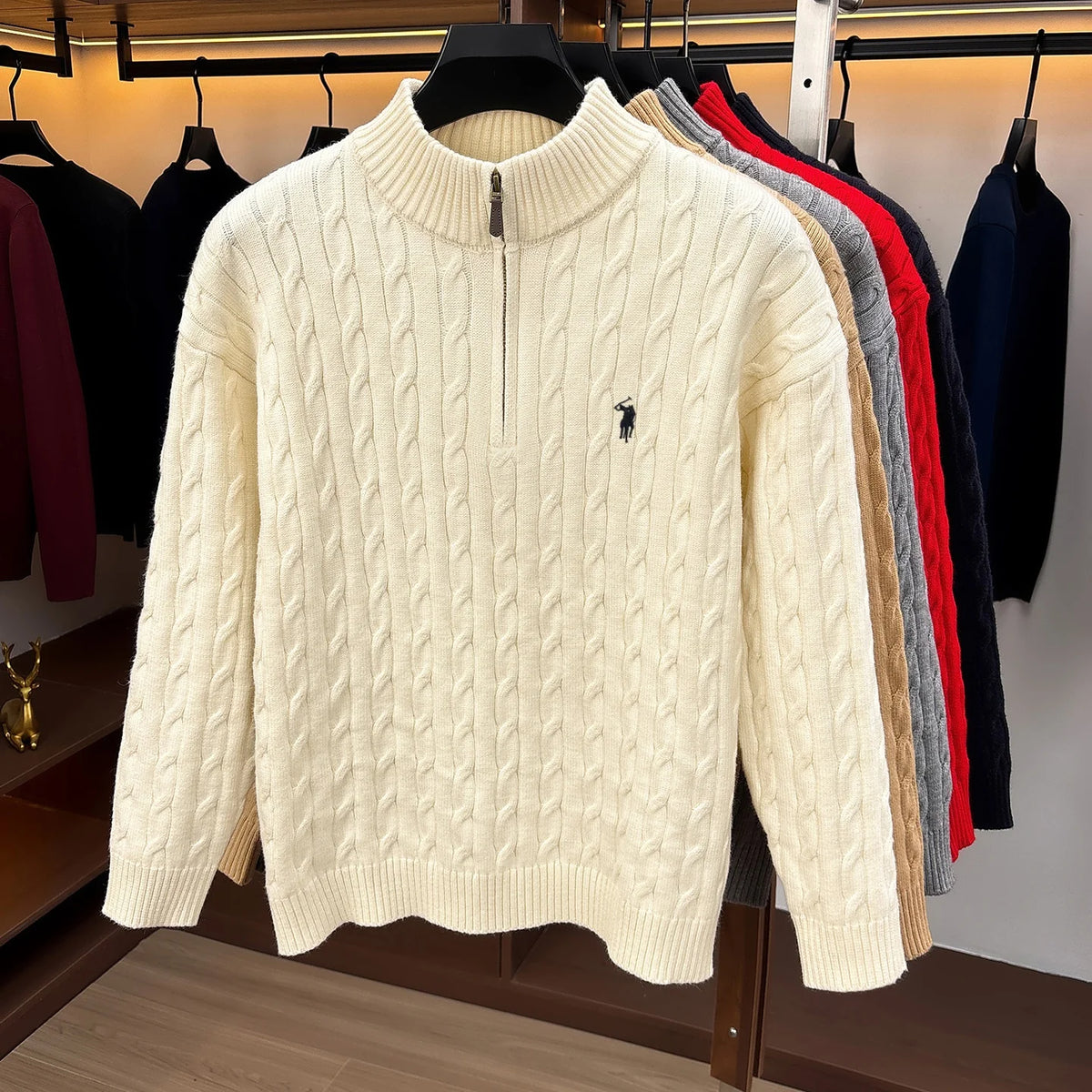 Fashion Half Zipper Sweater Men's Winter Warmth New exquisite jacquard design luxury brand golf pony embroidery knitted pullover