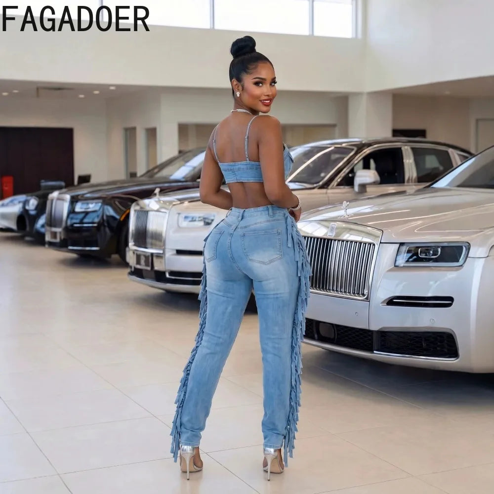 FAGADOER Fashion Fringed Bodycon Denim Jumpsuits Women Sexy Spaghetti Strap Hollow Out Zipper Pocket Patchwork Romper Streetwear