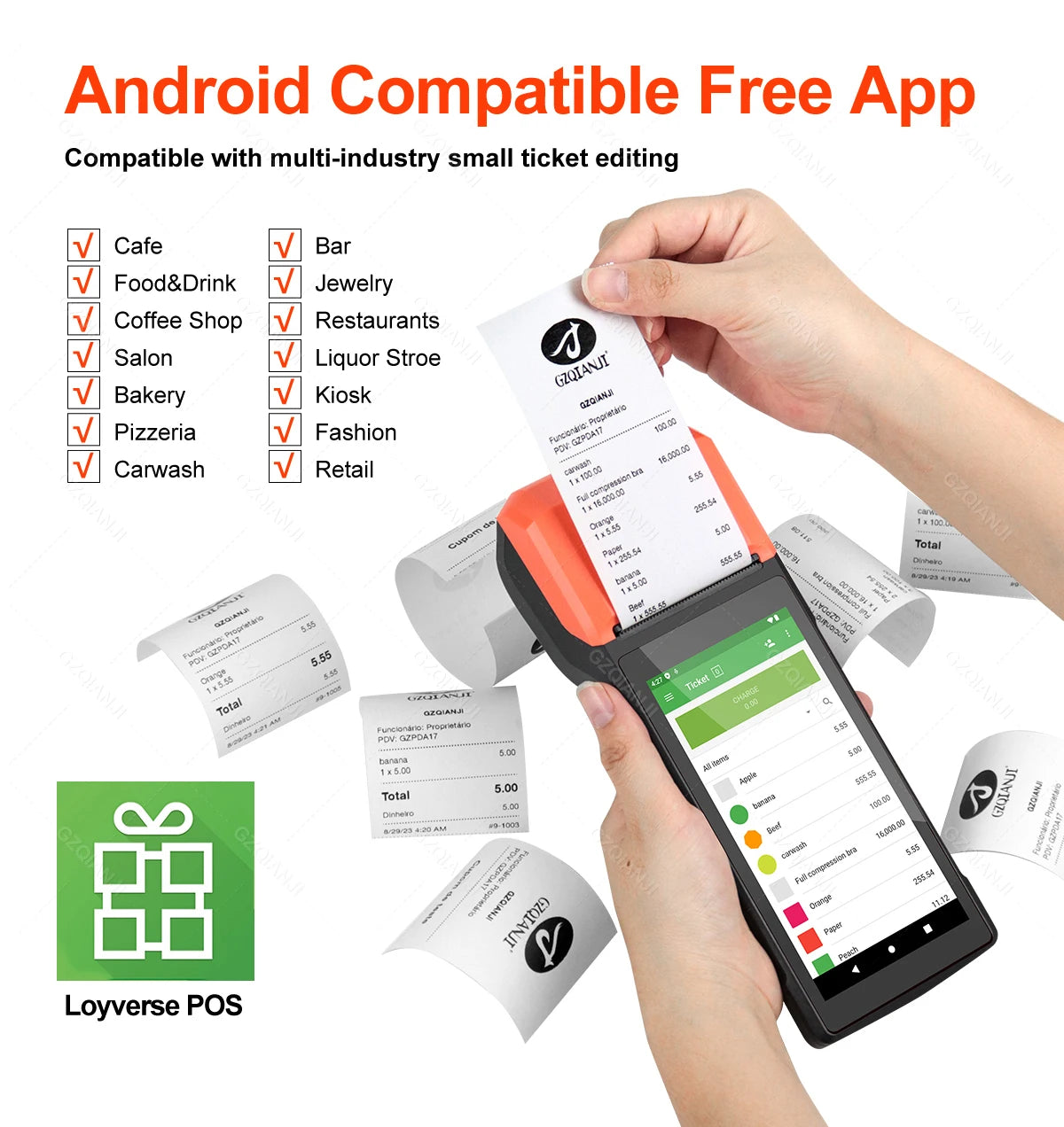Android 13/14 Handheld Terminal POS 58mm Mobile Receipt Bill Thermal Printer 1D/2D Scanner 5.5''HD Support WiFi Bluetooth POS