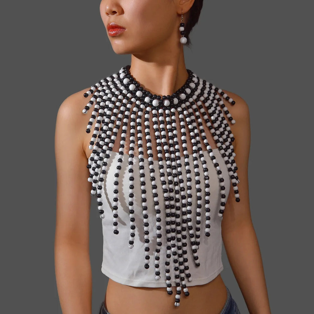 African Jewelry Set Bohemian Retro Ethnic Handmade Wooden Woven Beaded Statement Necklace and Earrings Women's Party Accessories
