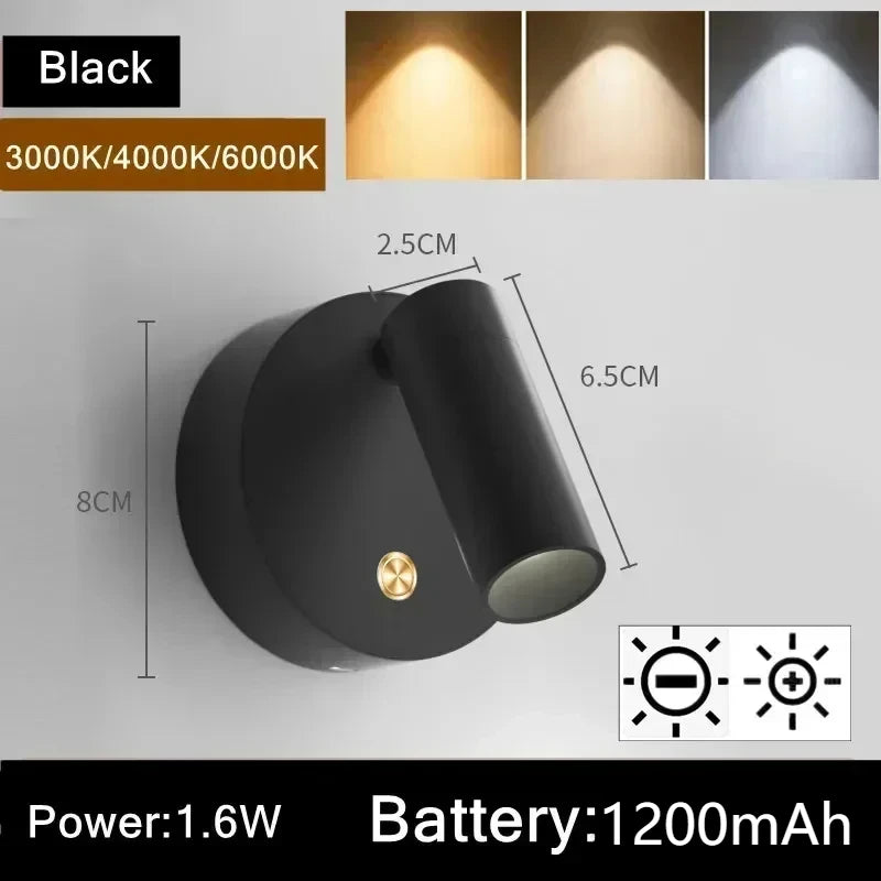 LED Bedroom Wall Light With Touch Switch Black White Magnet Magnetic Base Dimmable For Bedside Study Reading USB Rechargeable