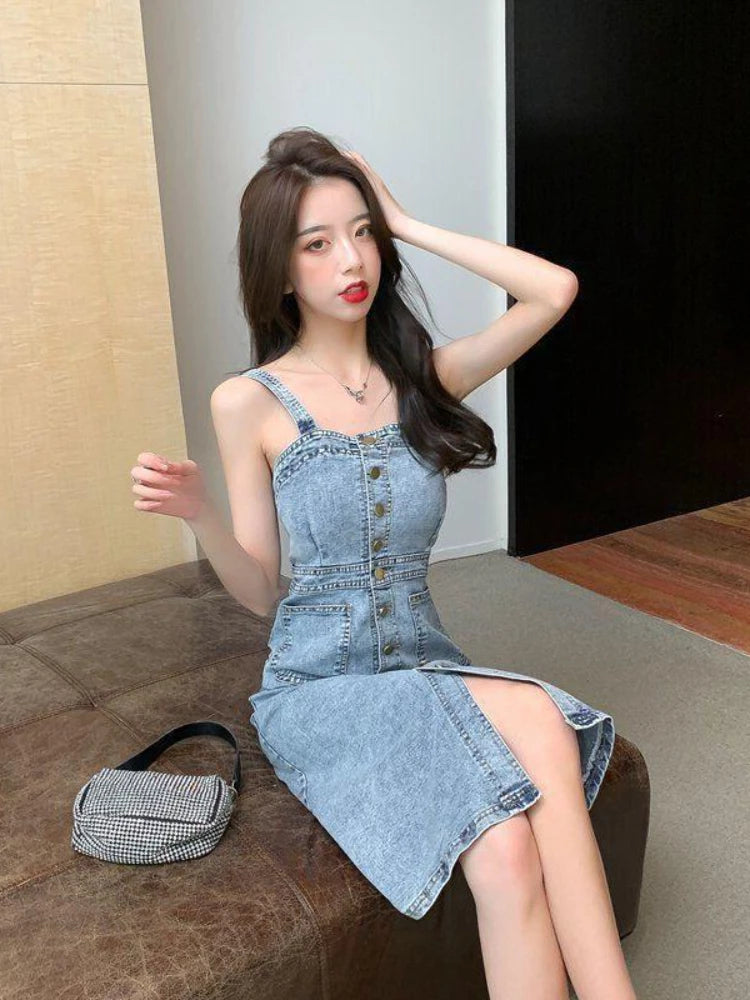 Denim Dress Sexy Style New Arrival Ins Strap Waist Single Breasted Stitching Female Bodycon Midi Dresses Female Vestidos