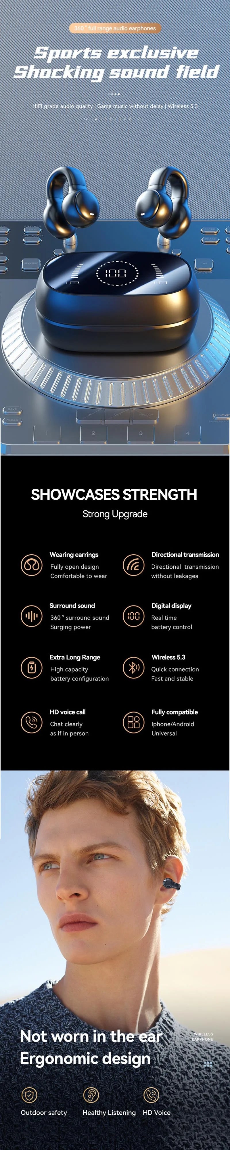 New Model M47 Wireless Earbuds Bluetooth Headset Charging Earphones Bone Conduction Headphones Sport With Mic Handsfree