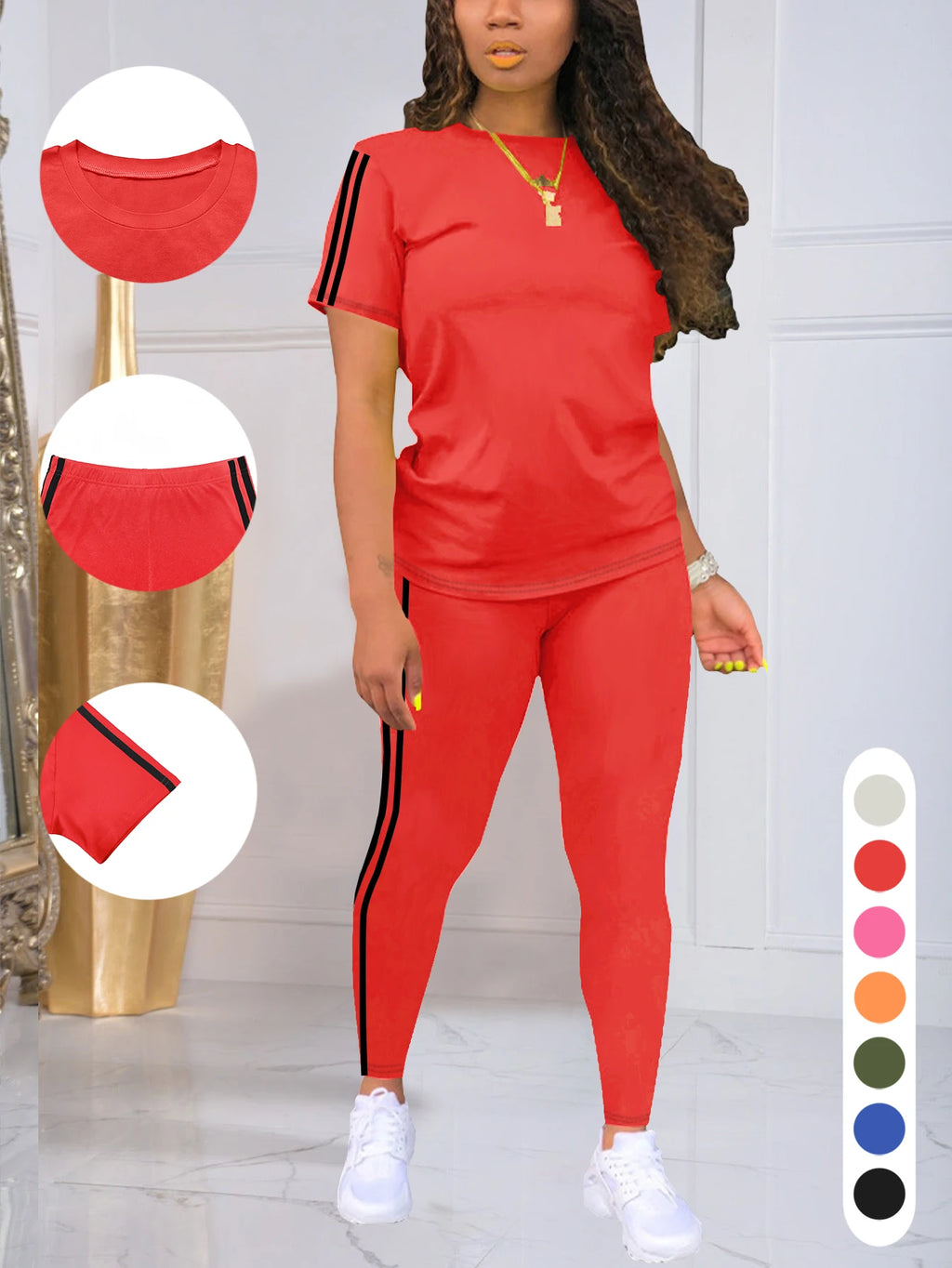 Women's Side-Striped Summer Sportswear Set Short Sleeve Long Pants Breathable Base Layer Clothing Colorful Casual Outfit