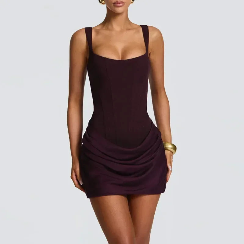 Women Sexy Square-neck Halter Mini Dress 2025 Pleated Sleeveless Backless High Waist Bodycon Dresses New Summer Lady Party Gowns
