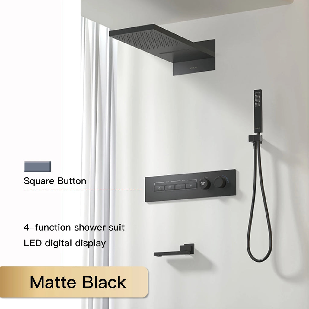 Luxury Black Brass Shower System, Wall Mounted Led Digital Display, Cold Hot Dual Control, Four Function Ceiling Shower Tap