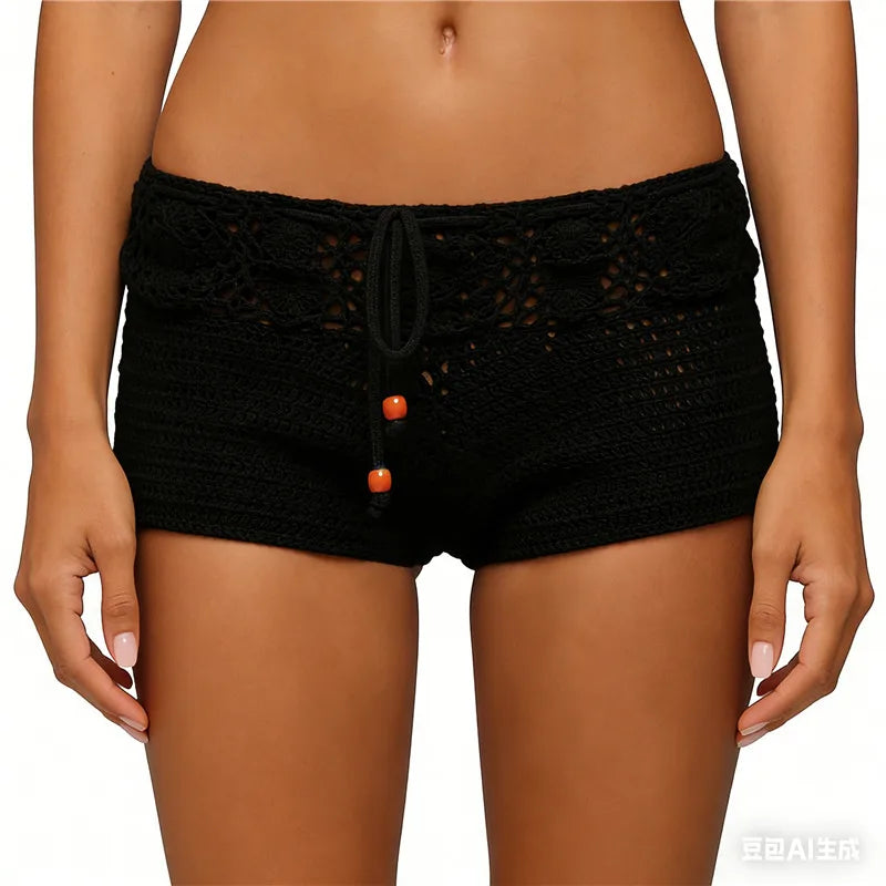 Boho Crochet Knit Shorts Women Hollow Out Asymmetrical Drawstring Waist Beach Hot Pants Festival Rave Outfit Summer Streetwear