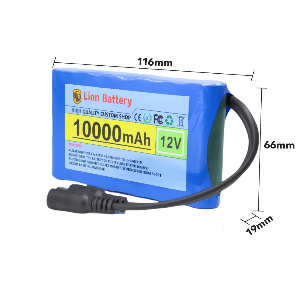 Original New Portable 12V Battery,10000mAh Rechargeable Lithium-ion 18650 Battery Pack, DC 12.6V Charger, CCTV Audio Amplifier