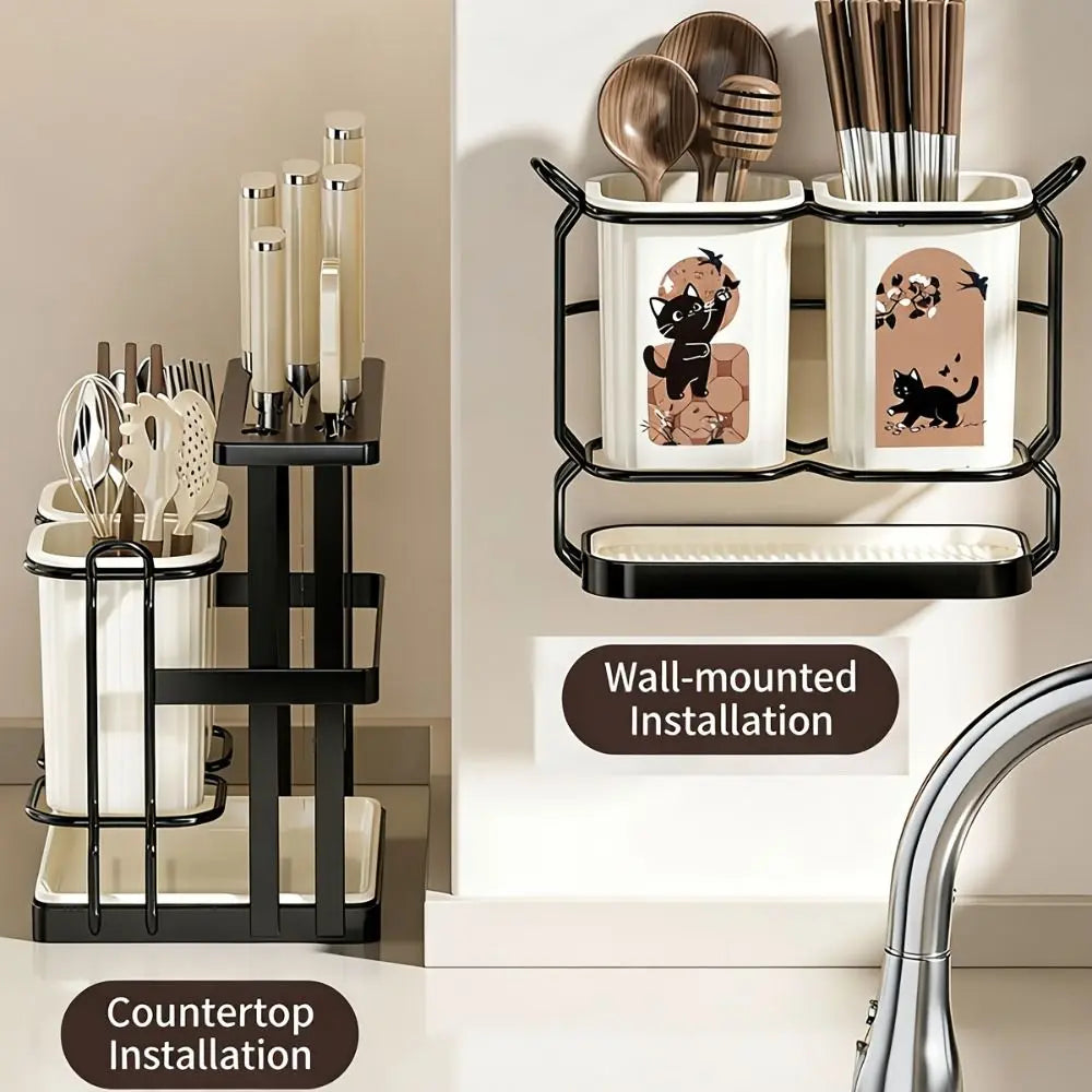 Cute Cat Kitchen Storage Basket Durable Standing Chopsticks Holder Organizer No-drill Tableware Drainer Kitchen