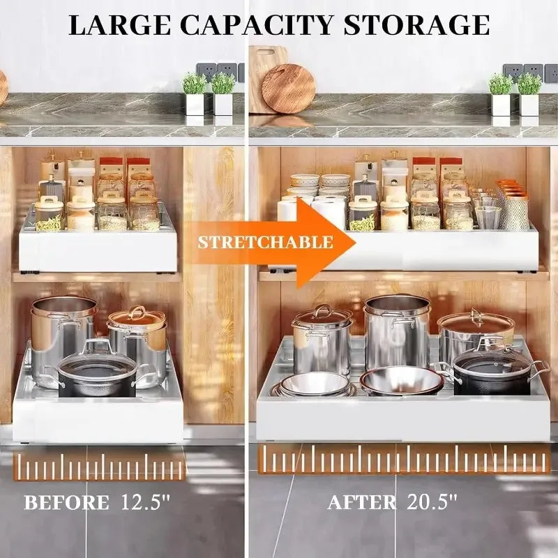 Expandable Pull Out Cabinet Organizer Rack, Adjustable Sliding Drawer Storage Basket , Pantry and Kitchen Cabinet Organizer