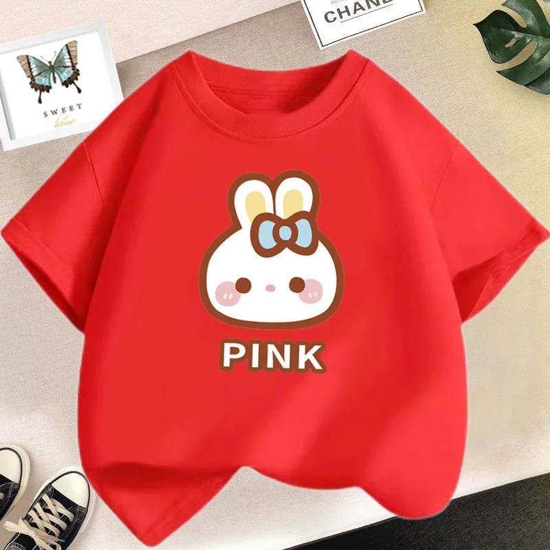Girl Cute Rabbit Graphic Tshirt Short Sleeve Cotton T-Shirts For Baby Girl Cute Pink Color T-Shirts Children Summer Clothing