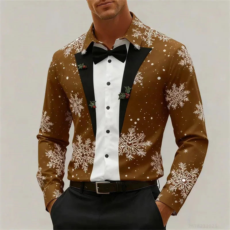Men's Christmas long-sleeved shirt, 3D high-definition printed Christmas tree pattern, lapel button men's shirt, party wear