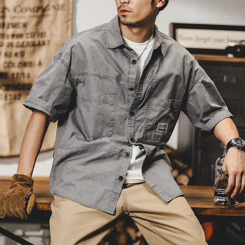Men's Retro Short Sleeve Shirts Cotton Shirt Japanese Casual Loose Fit Thin Breathable Plus Size Shirts for Men Summer Workwear