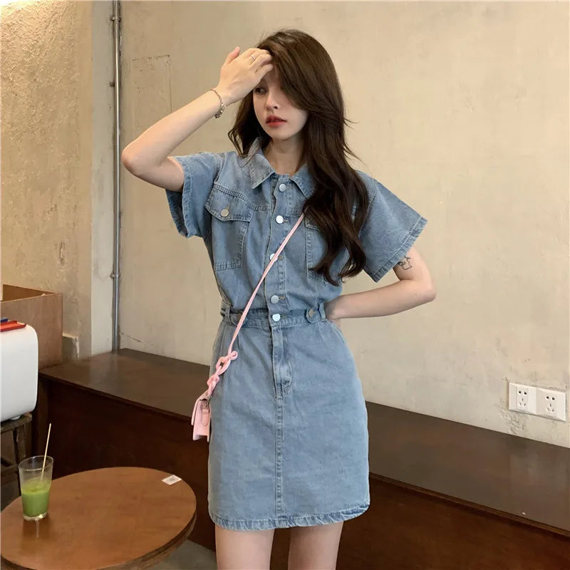 Women Vintage Denim Shirt Dress High Waist A-line Jean Mini Dress for Ladies Retro Y2K Streetwear Dresses for Women Party Outfit