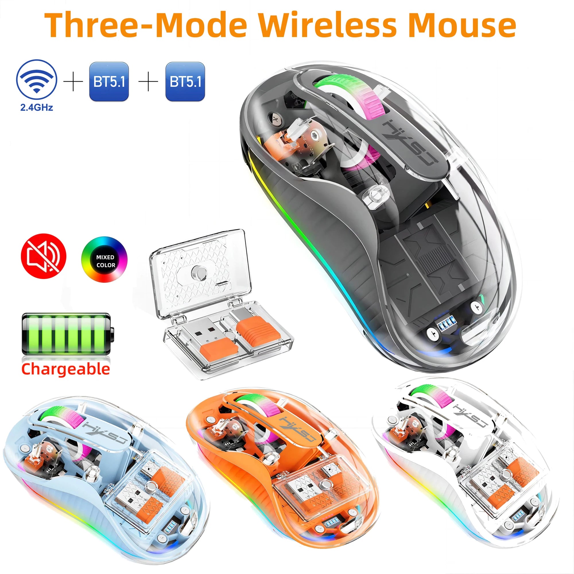 New HXSJ M333 Transparent Mouse Wireless Three-mode Magnetic Suction Mute Rechargeable Mouse For Tablet PC Notebook