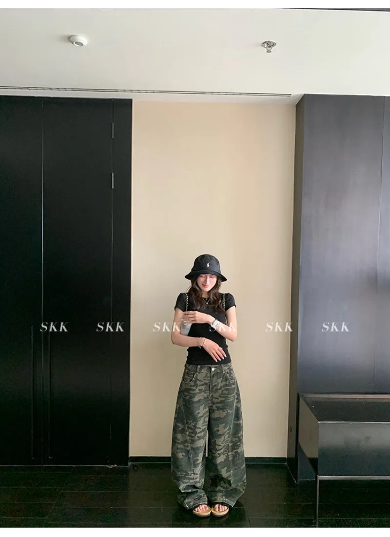 YJKDYK High Waist Camouflage Workwear Jeans Women's Autumn Spring American Retro Wide Leg Floor-Length Pants Trendy High Street