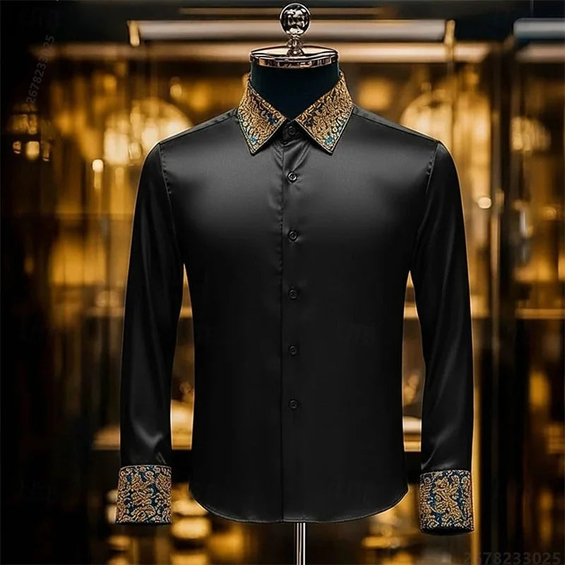 Luxury 3D Printed Long-Sleeve Men's Shirt, Baroque Gold Pattern Slim Fit Dress Shirt, Business Banquet Men's Shirt, Sizes XS-6XL